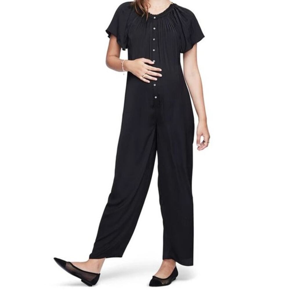 Hatch Womens The Regina Jumpsuit Short Sleeve Button Front Black Size 2 NEW